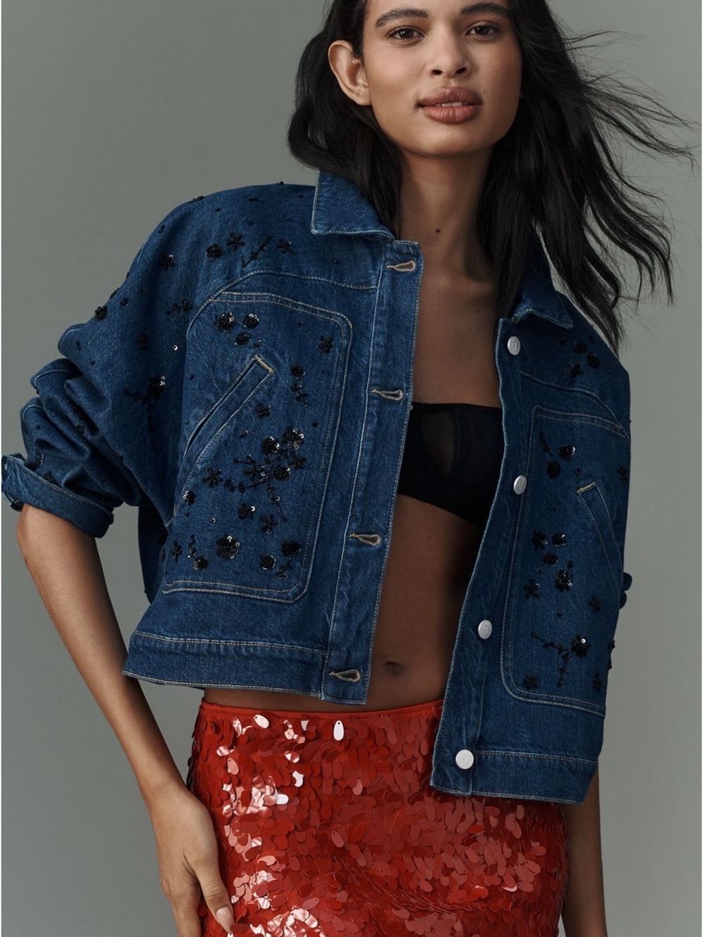 Anthropologie Pilcro Dolman Sleeve Beaded and Sequin Denim Jacket S - Picture 3 of 9